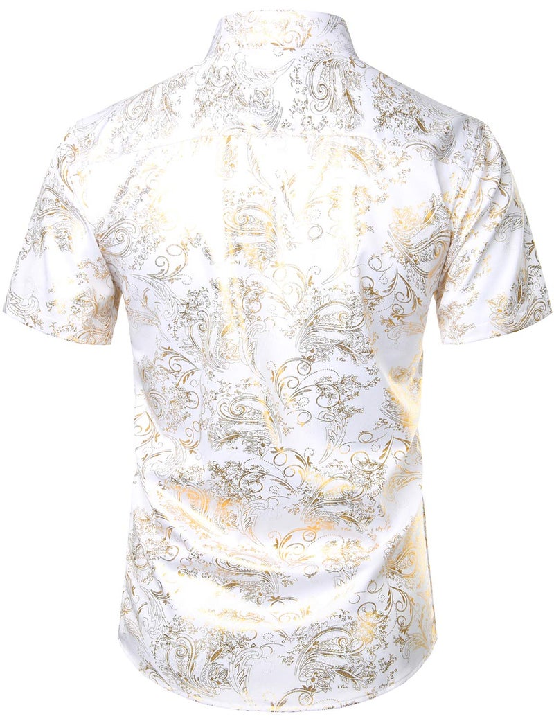 ZEROYAA Men's Luxury Paisley Shiny Stylish Slim Fit Short Sleeve Button Up Dress Shirt ZLCL23 White Gold Medium - Image 2